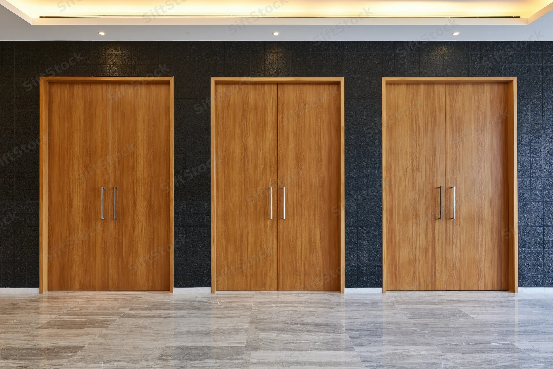 Three wooden double doors with metal handles aligned in a modern hallway with black textured walls and polished marble flooring