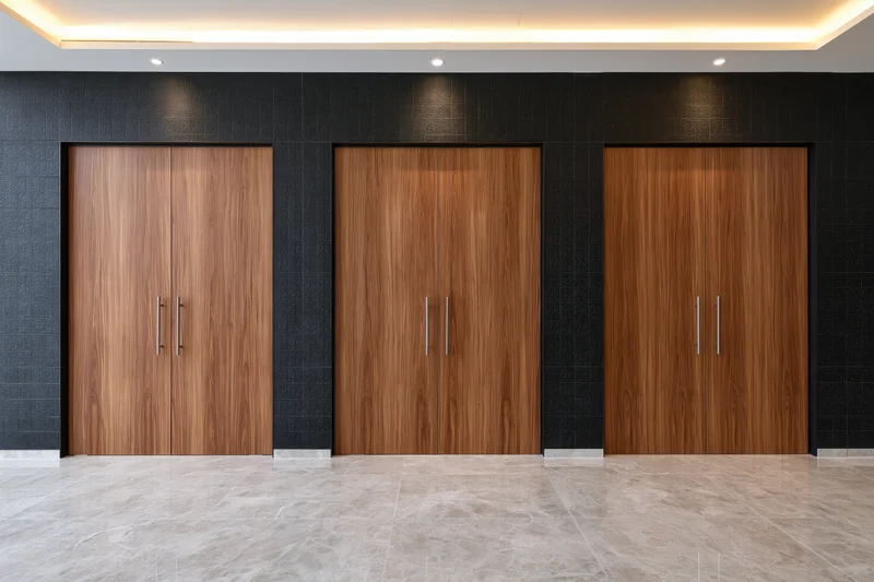 Three large wooden double doors with slim metal handles in a modern interior hallway