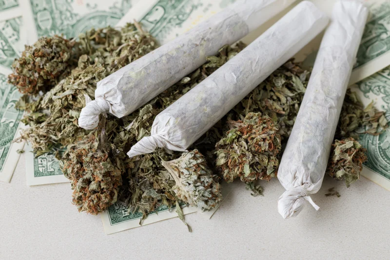 Cannabis buds and rolled joints resting on scattered dollar bills