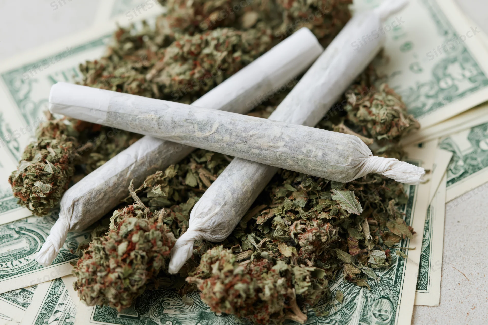 Rolled cannabis joints and dried herb buds resting on dollar bills