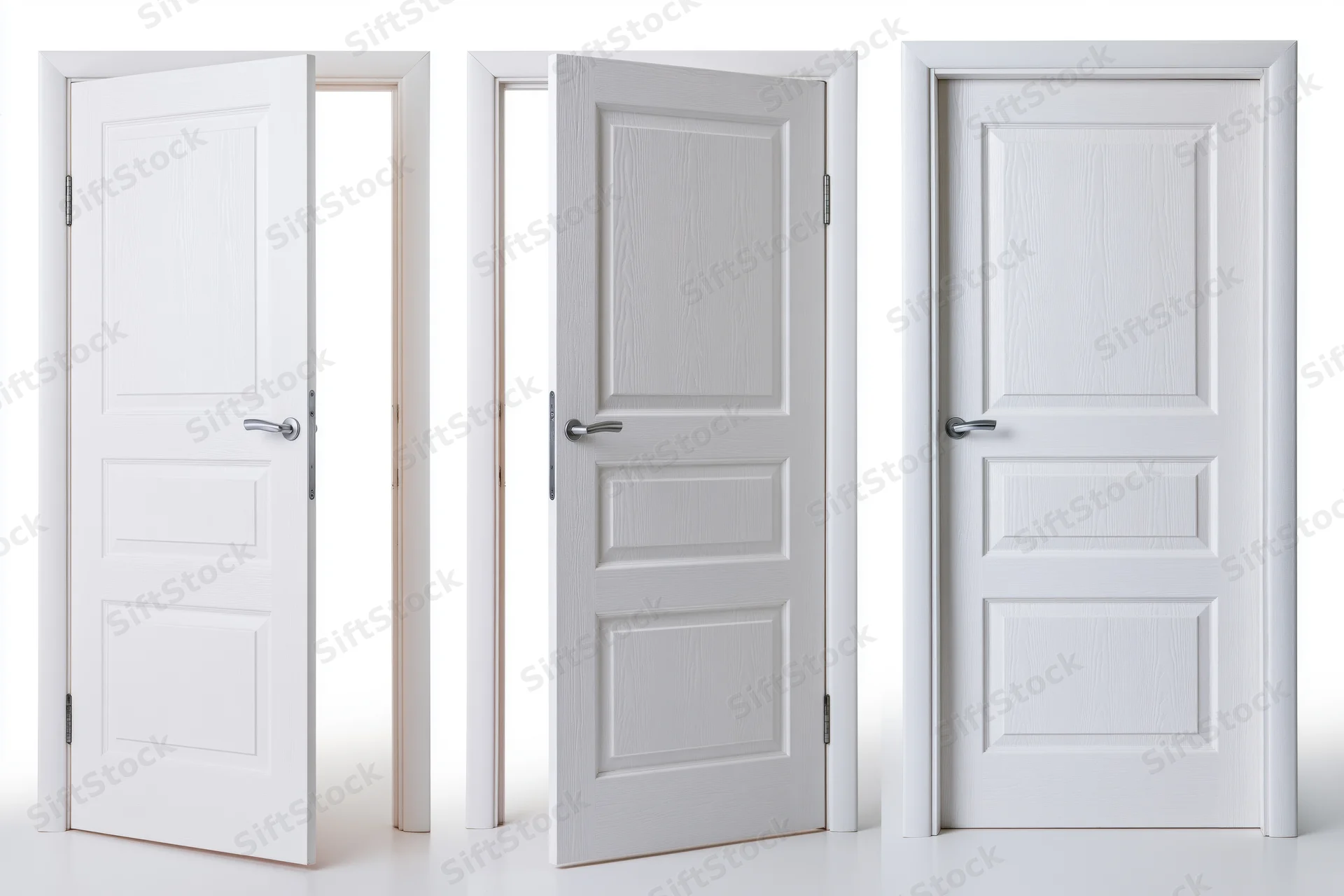 Three white interior panel doors in open, ajar and closed positions against a plain background
