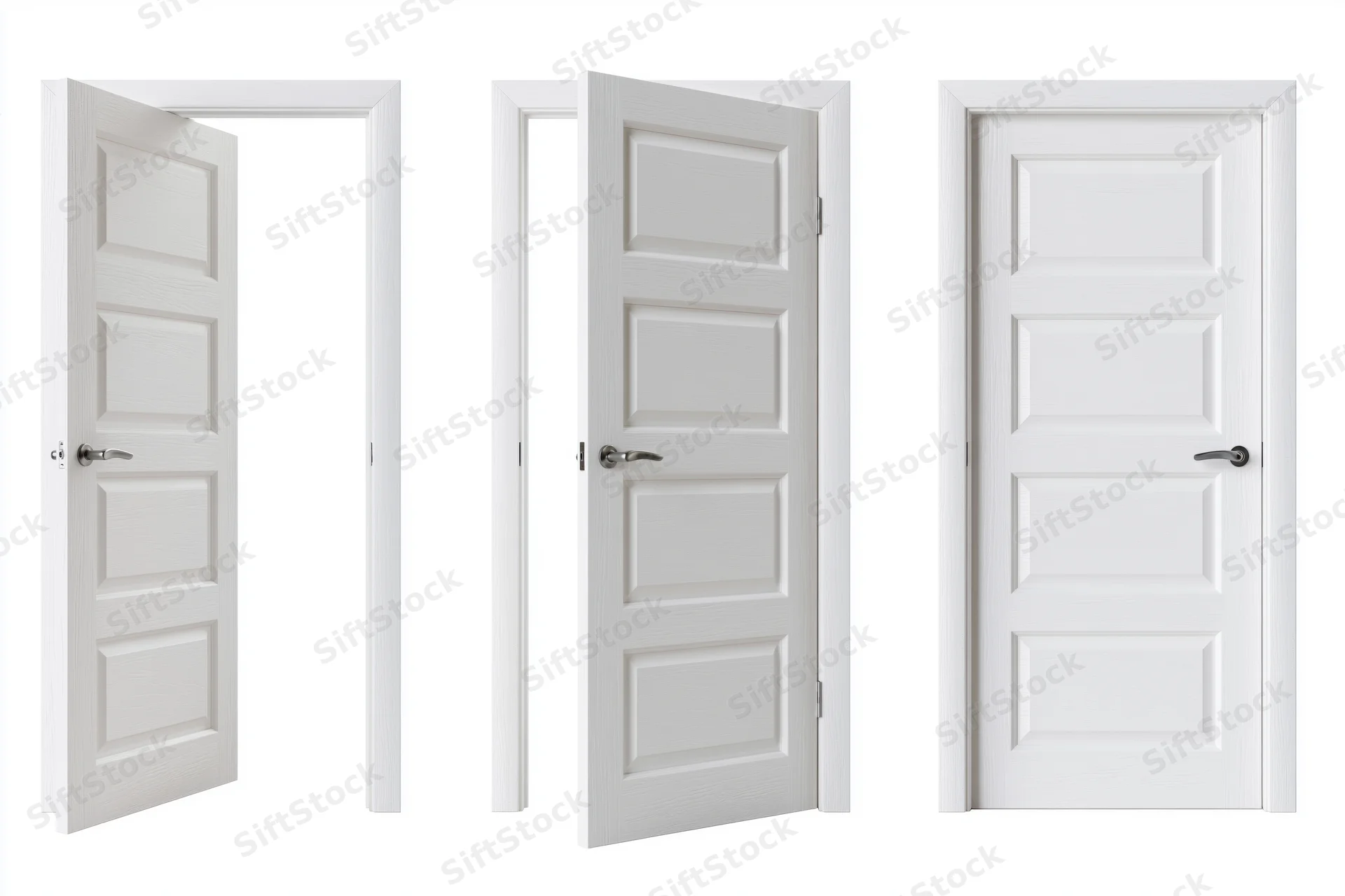 Three white interior panel doors shown in open, ajar and closed positions against a plain white background