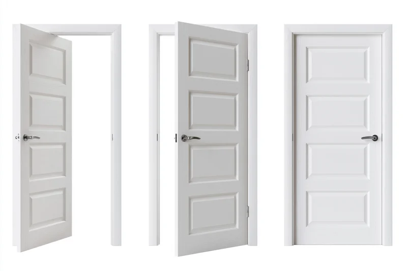 Three white interior panel doors shown in open, ajar and closed positions against a plain white background