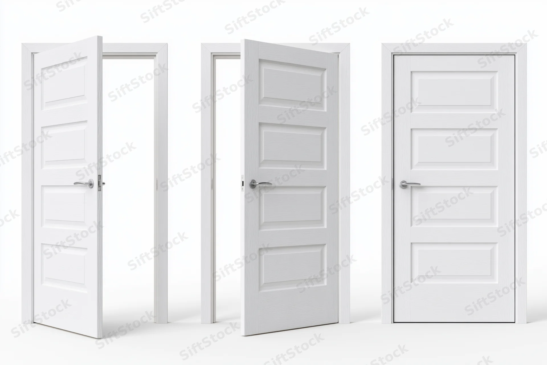 Three white interior panel doors in open, ajar and closed positions against a plain white background
