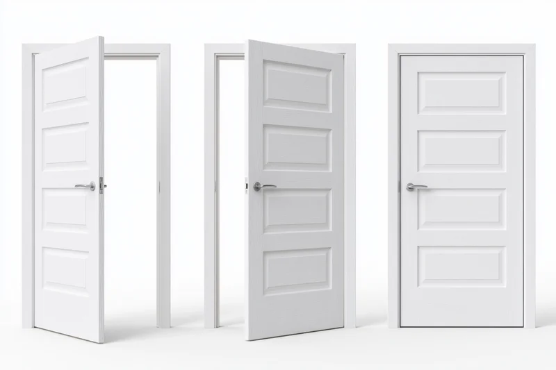Three white interior panel doors in open, ajar and closed positions against a plain white background