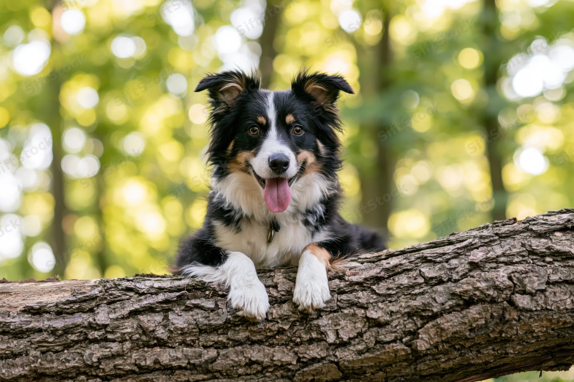 Tri-color border collie resting with paws on a tree log in a sunlit forest