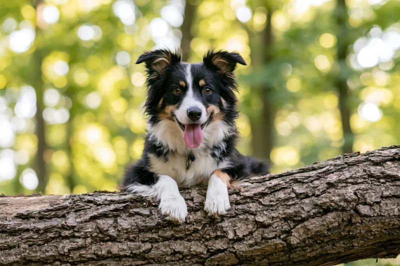 Tri-color border collie resting with paws on a tree log in a sunlit forest
