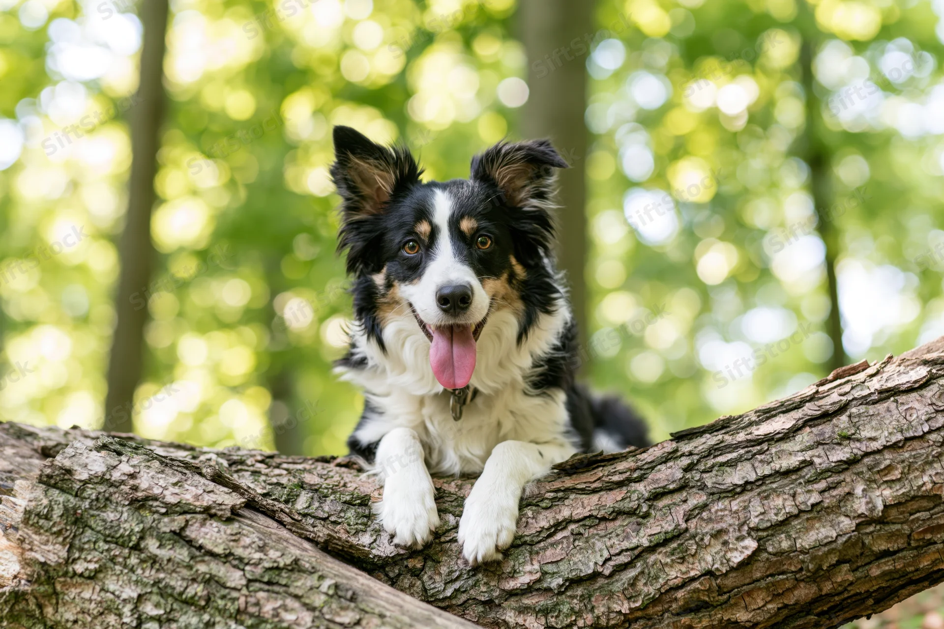 Tri-color border collie resting with paws on tree trunk in forest