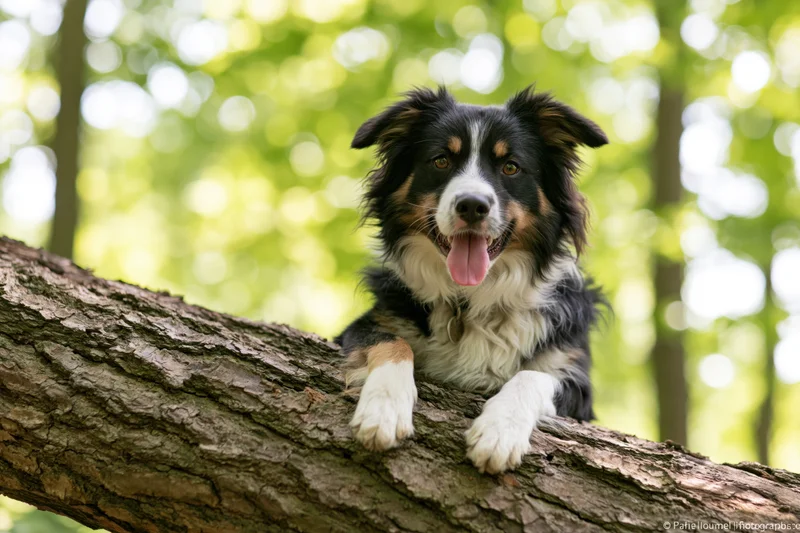 Tri-color border collie resting with front paws on a tree trunk in a sunlit forest