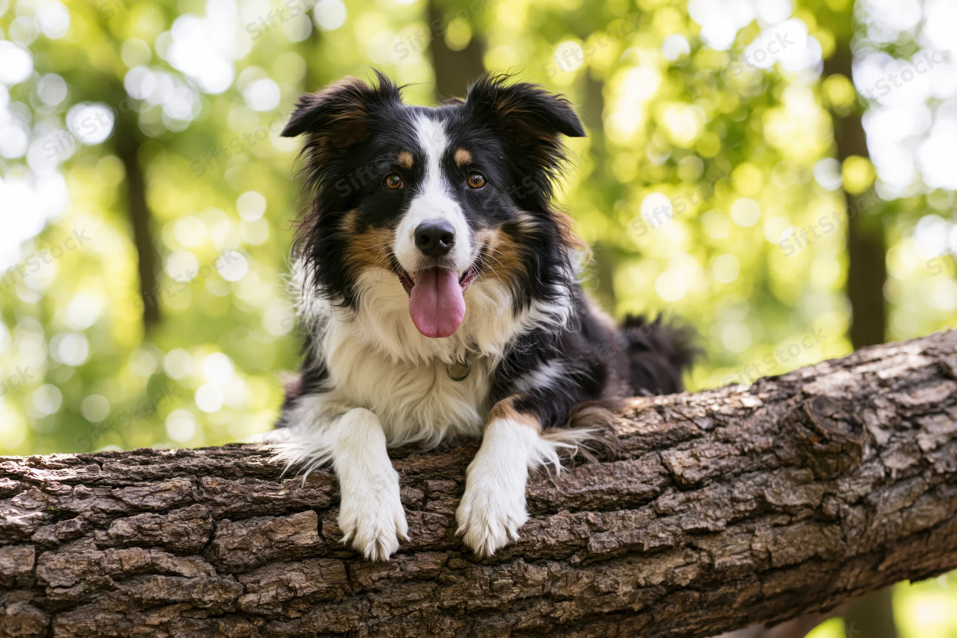 Tri-color border collie resting with front paws on a tree log in a sunlit forest