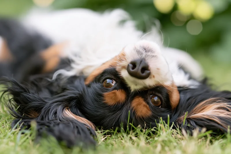 Tri-color cavalier king charles spaniel lying on its back on grass in a garden