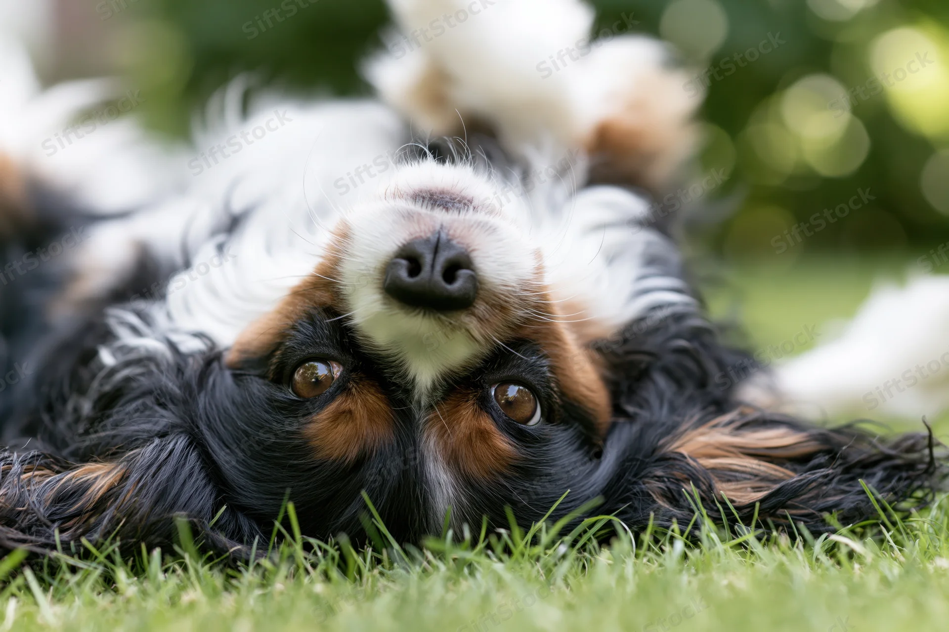 Tri-color cavalier king charles spaniel lying on its back on grass with head tilted up, eyes looking at camera