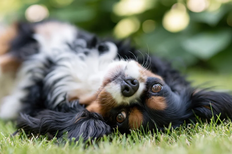 Tri-color cavalier king charles spaniel lying on its back on grass in a garden