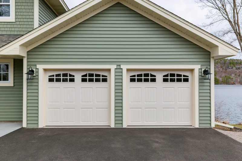 Two-car garage on craftsman-style house with sage siding and lake view