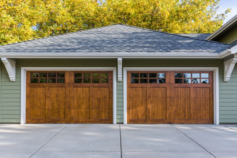 Two-car garage with wooden doors on a suburban craftsman home exterior