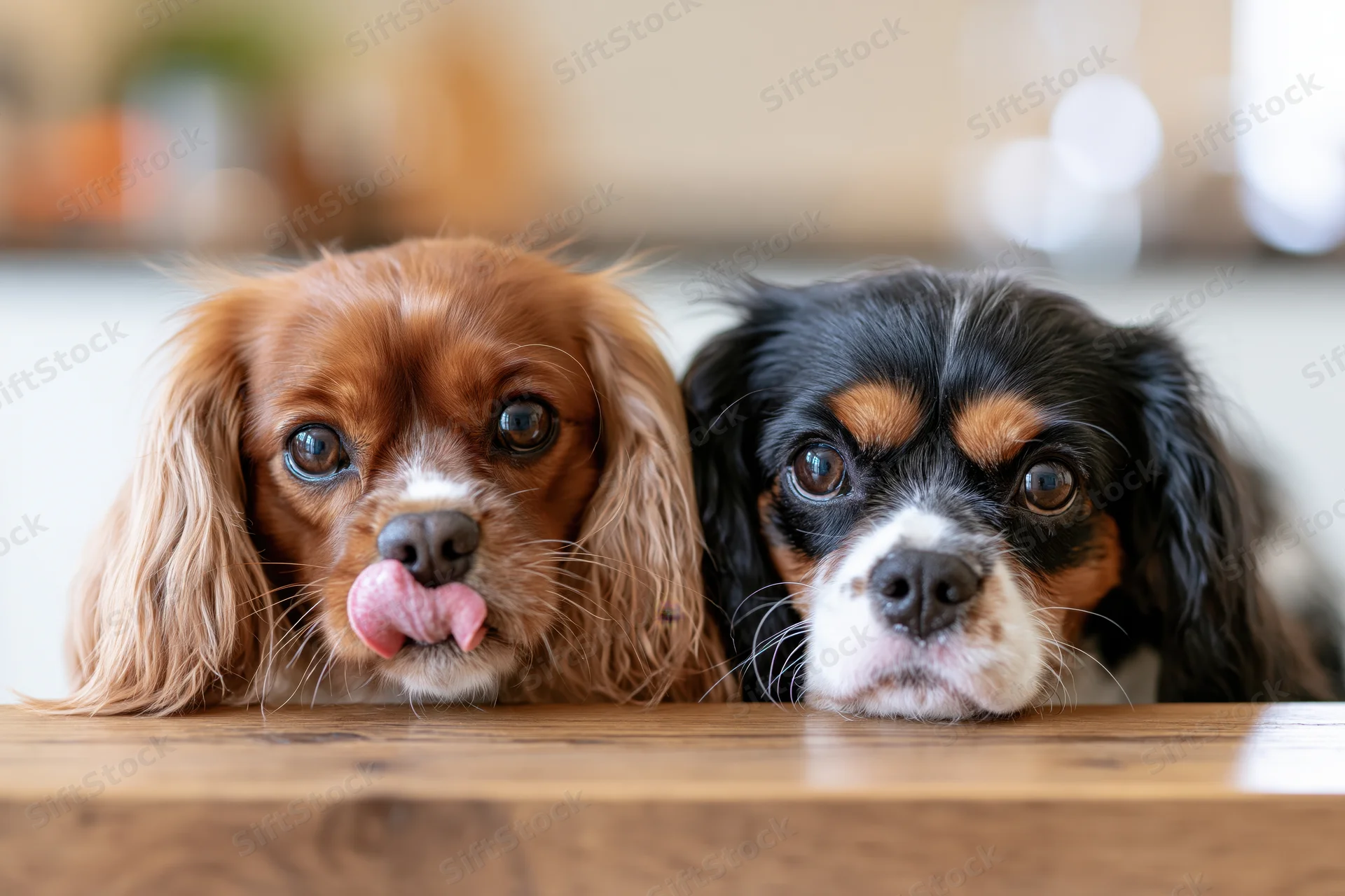 Two cavalier king charles spaniels peering over wooden table edge indoors