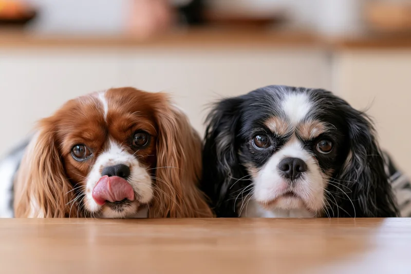 Two cavalier king charles spaniels peering over wooden table edge indoors