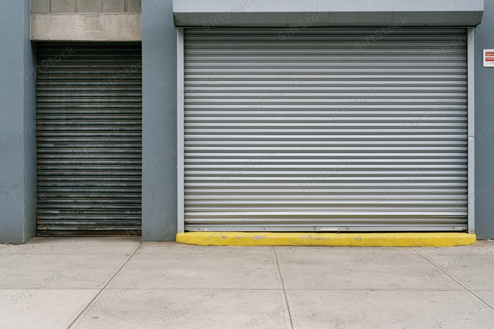 Two adjacent metal roller doors on an urban building exterior with a yellow curb and concrete sidewalk