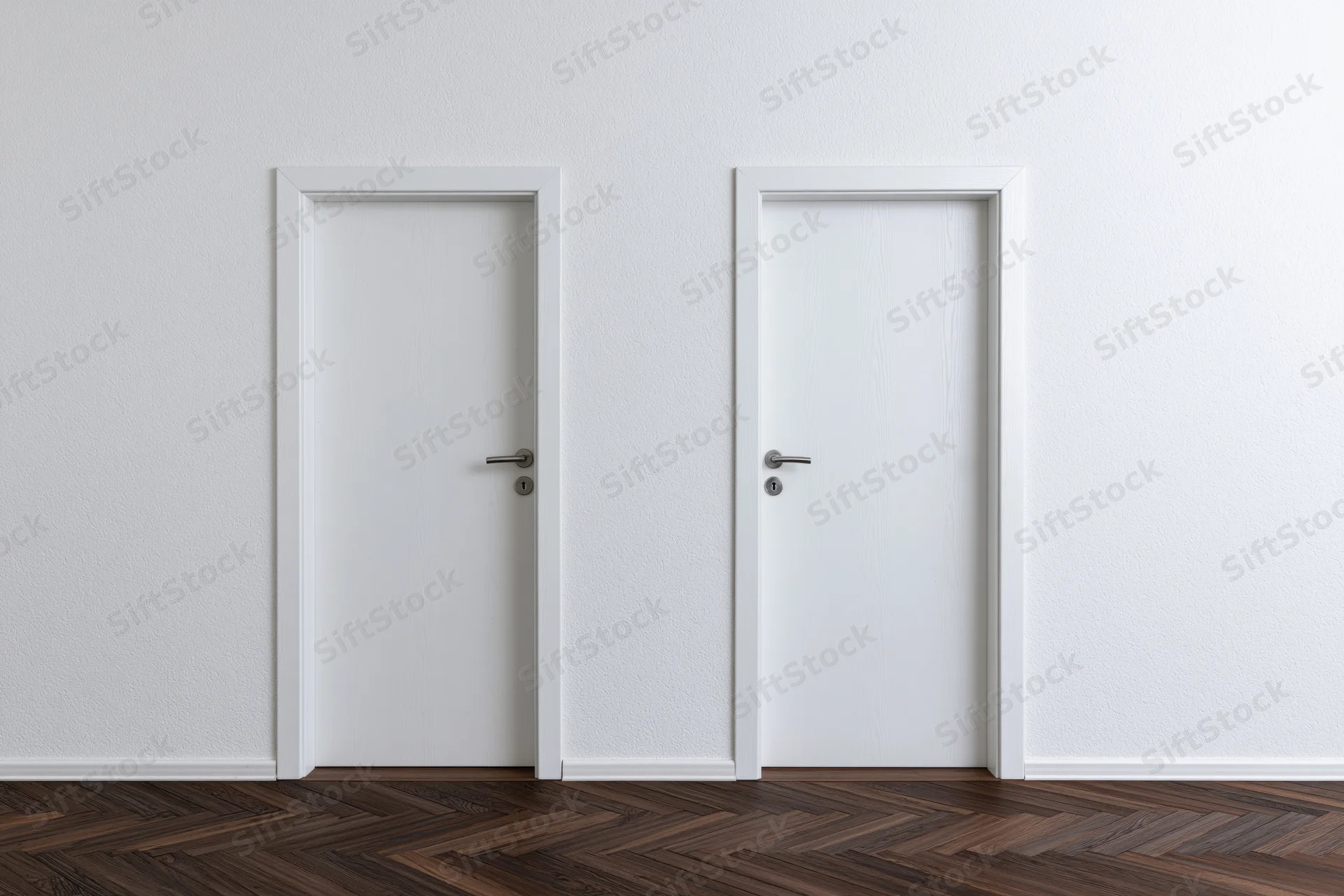 Two identical white interior doors with silver lever handles in a hallway with dark wood herringbone flooring