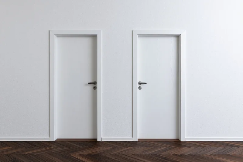 Two identical white interior doors with silver lever handles in a hallway with dark wood herringbone flooring