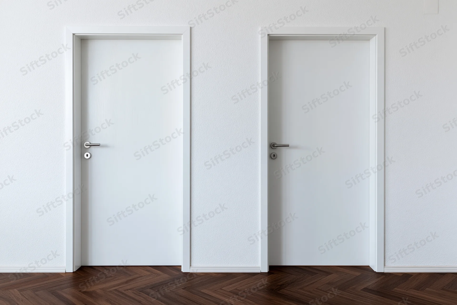 Two identical white interior doors with silver lever handles in a hallway with herringbone wood flooring