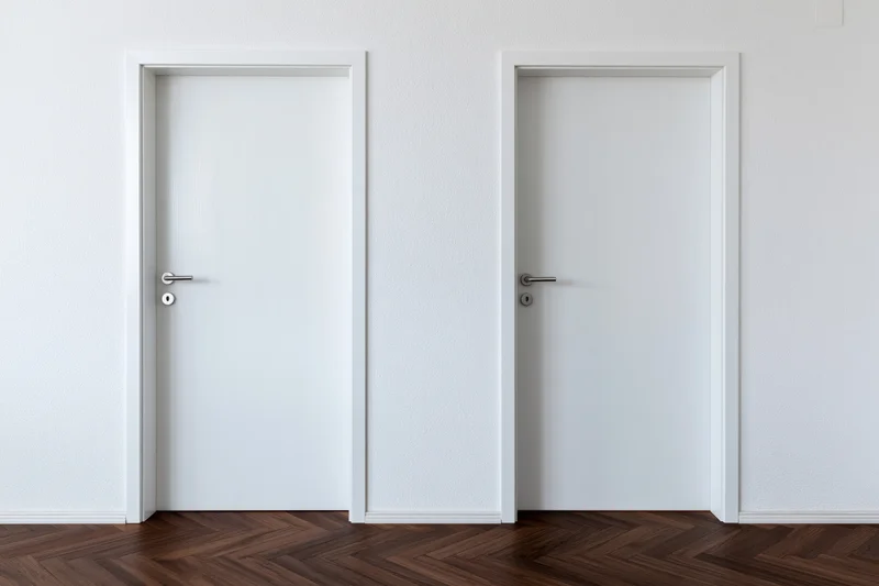 Two identical white interior doors with silver lever handles in a hallway with herringbone wood flooring