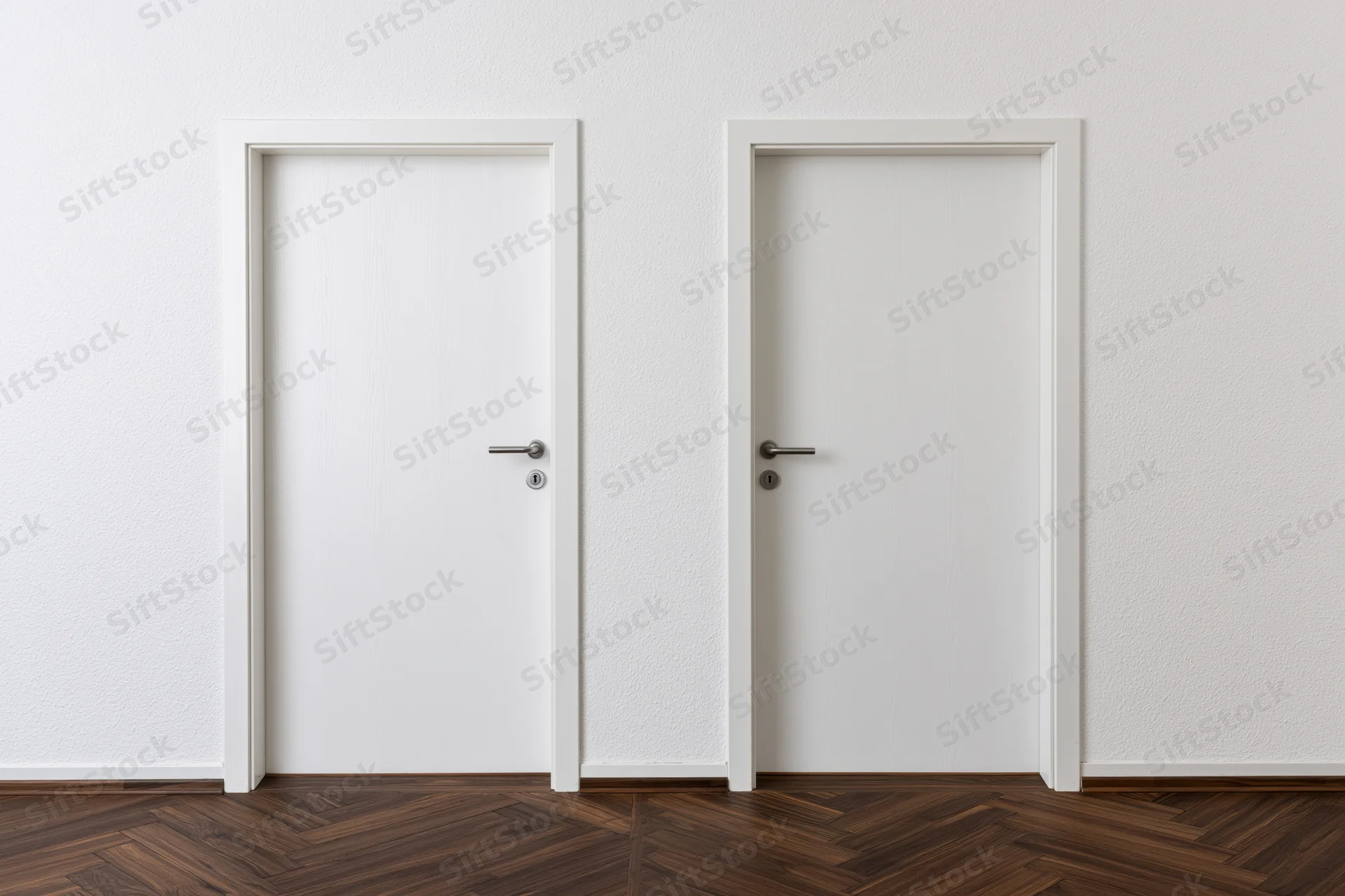 Two identical white interior doors with silver lever handles on a textured wall above dark wood parquet flooring