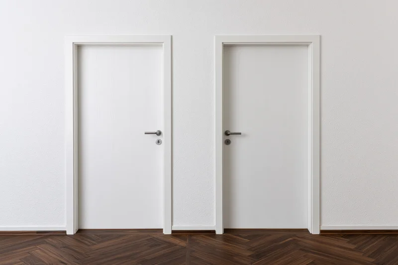 Two identical white interior doors with silver lever handles on a textured wall above dark wood parquet flooring