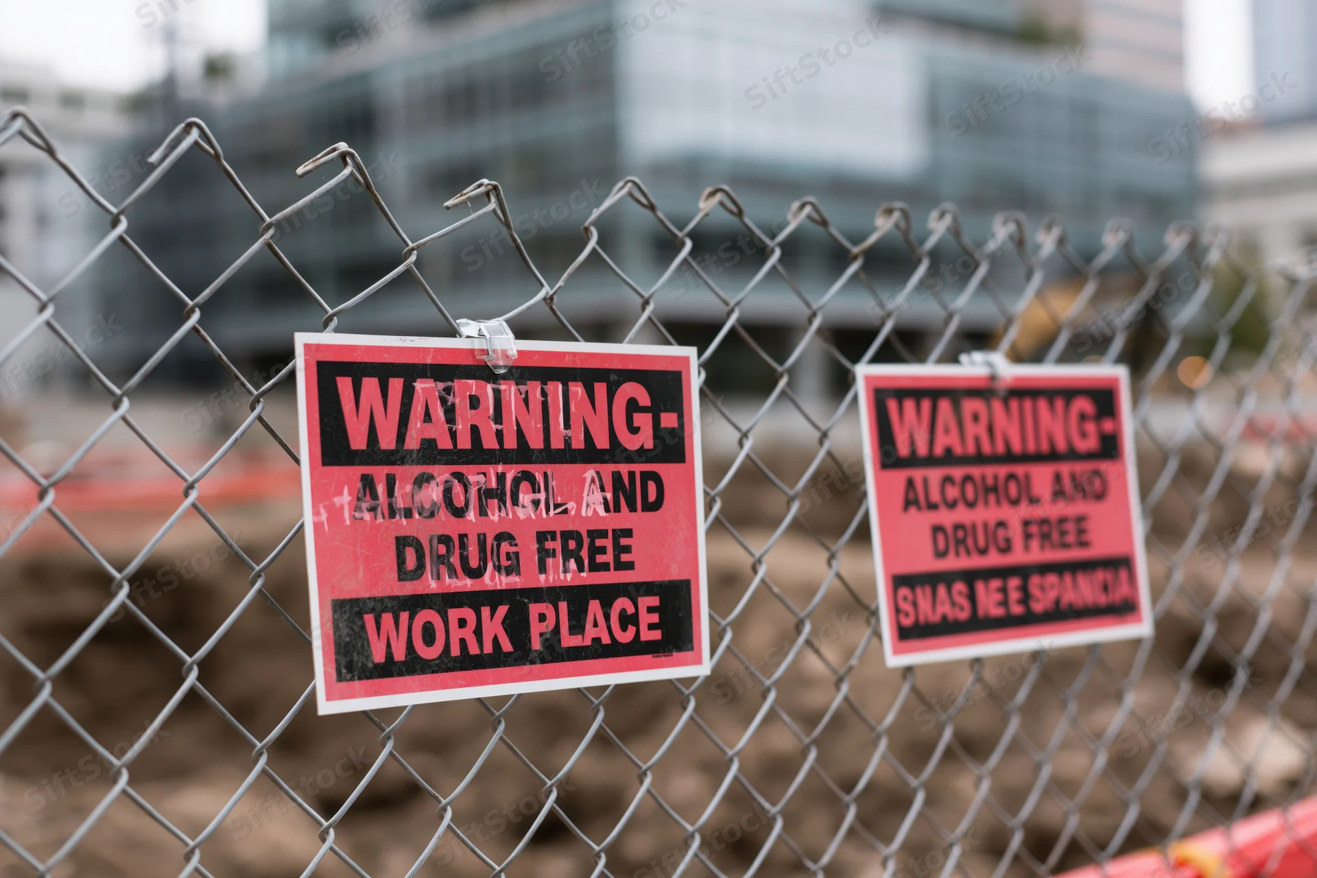Red and black bilingual warning signs attached to chainlink fence at construction site