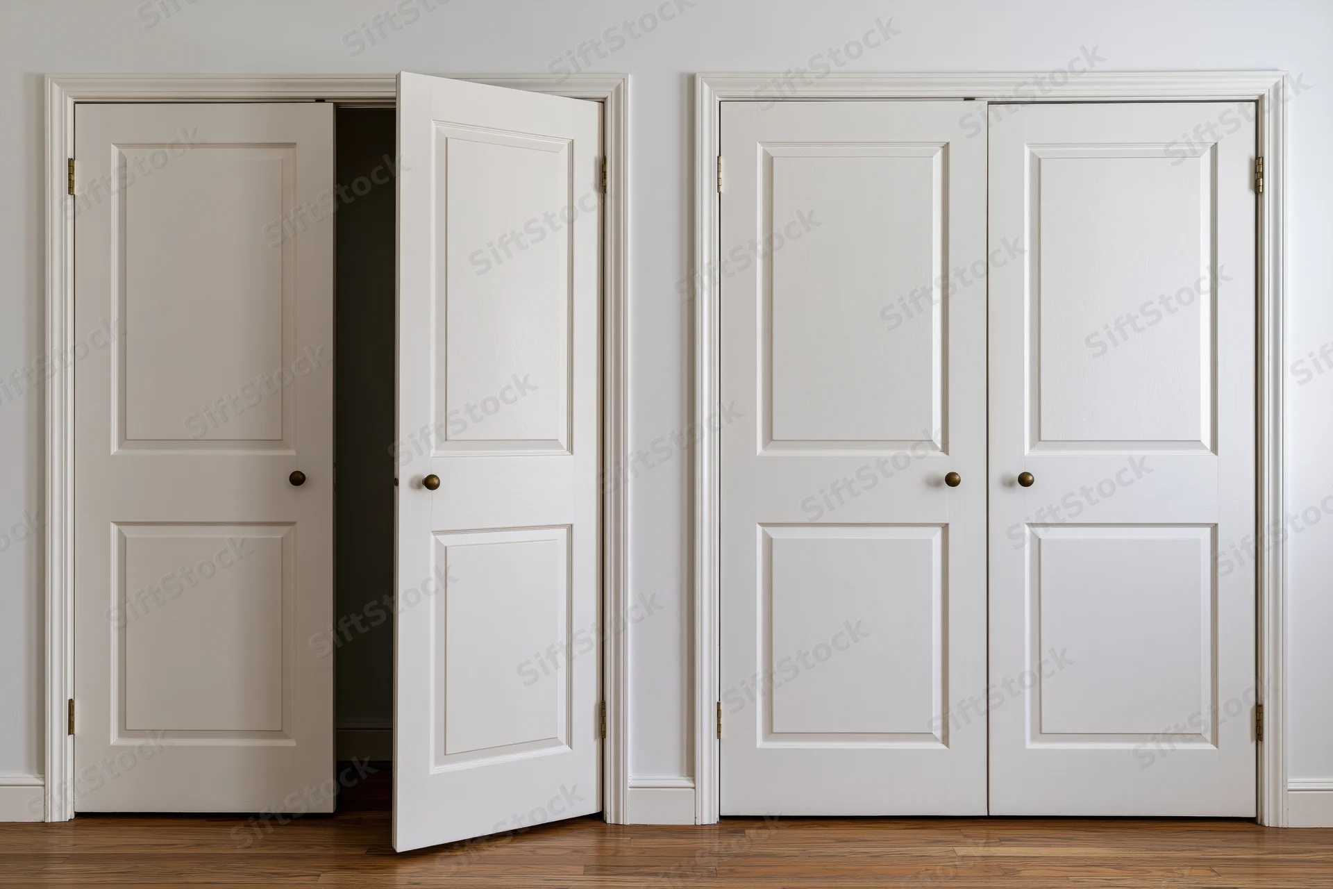 Two sets of white bi-fold closet doors in a hallway with one set open, revealing a dark interior, mounted flush against a white wall above a wooden floor