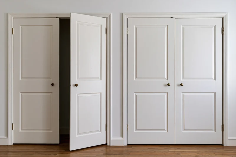 Two sets of white bi-fold closet doors in a hallway with one set open, revealing a dark interior, mounted flush against a white wall above a wooden floor