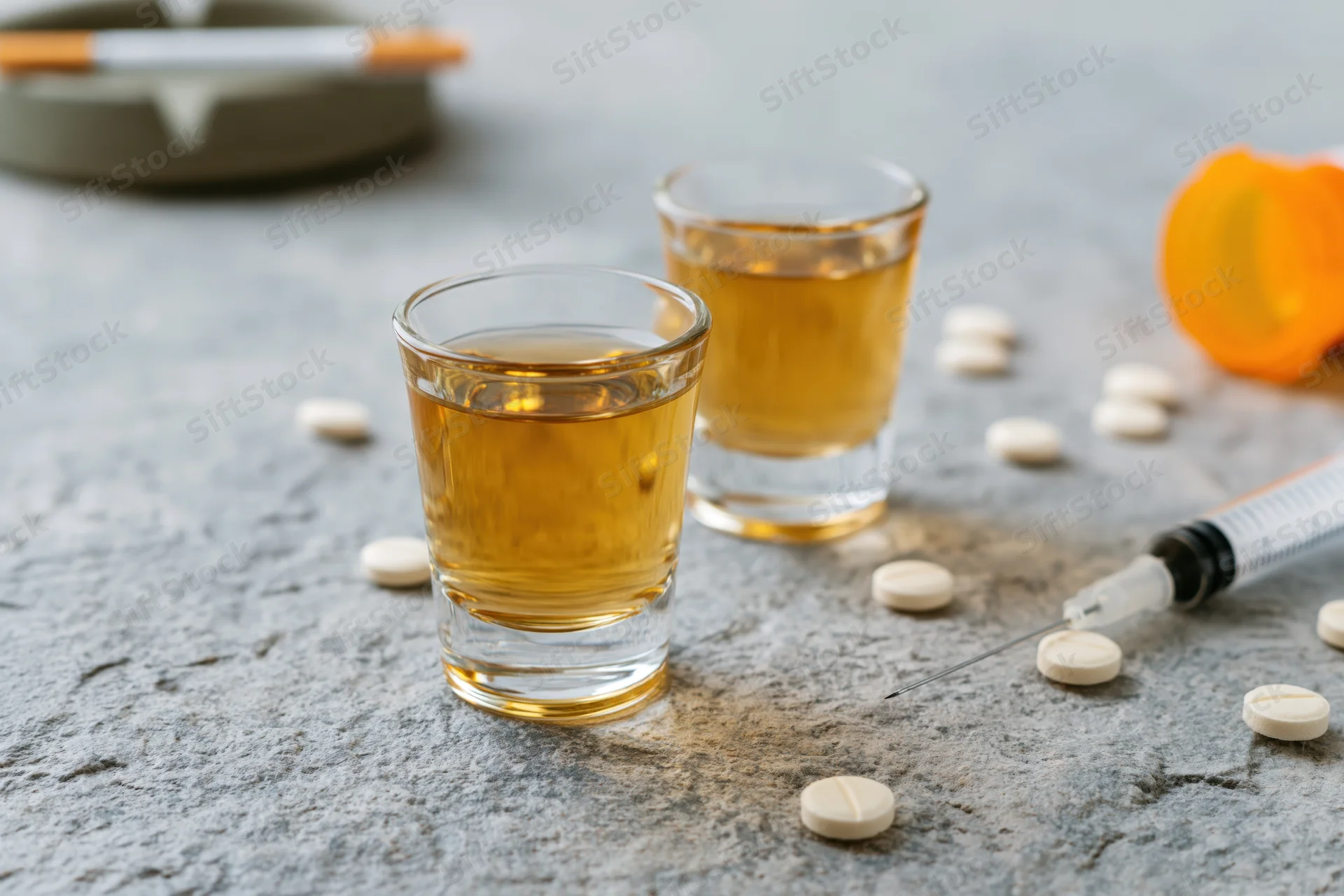 Two shot glasses filled with amber whiskey on a grey stone surface surrounded by scattered pills, a syringe, and an ashtray