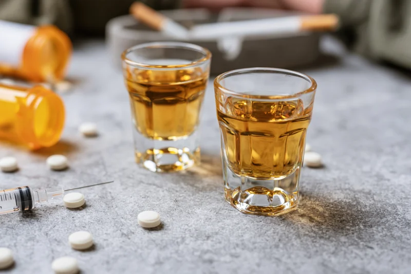 Two shot glasses filled with amber whiskey on a grey stone surface surrounded by pills, a syringe, and a cigarette in an ashtray