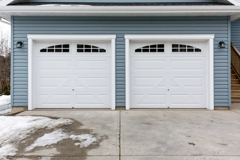 Two white raised-panel garage doors with arched transom windows on a blue-sided house exterior in winter