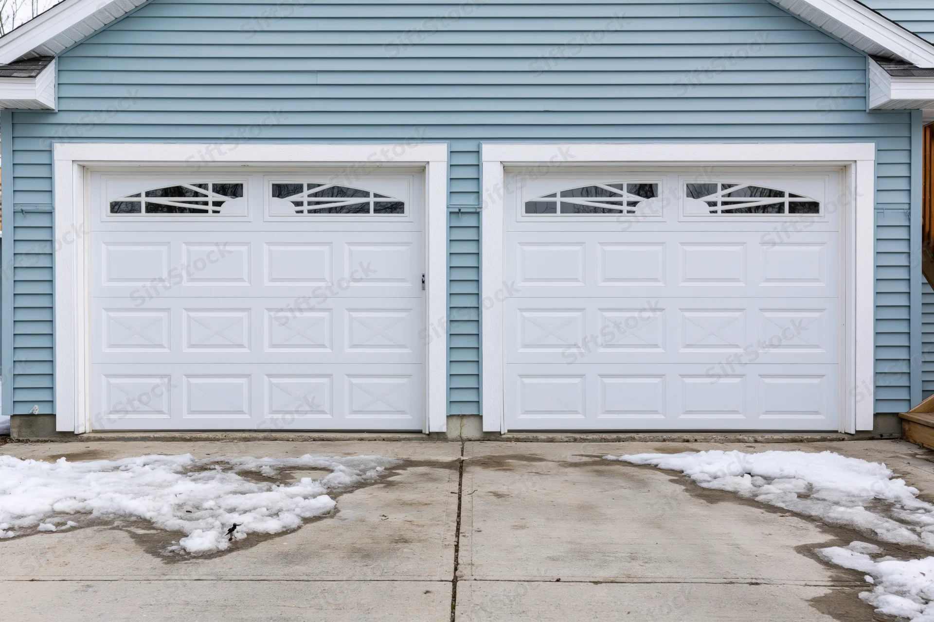 Two white raised-panel garage doors with arched transom windows on a blue-sided house exterior, snow patches on concrete driveway