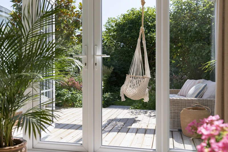 View through white-framed glass doors onto a wooden deck with hanging macrame chair and wicker furniture in a garden setting