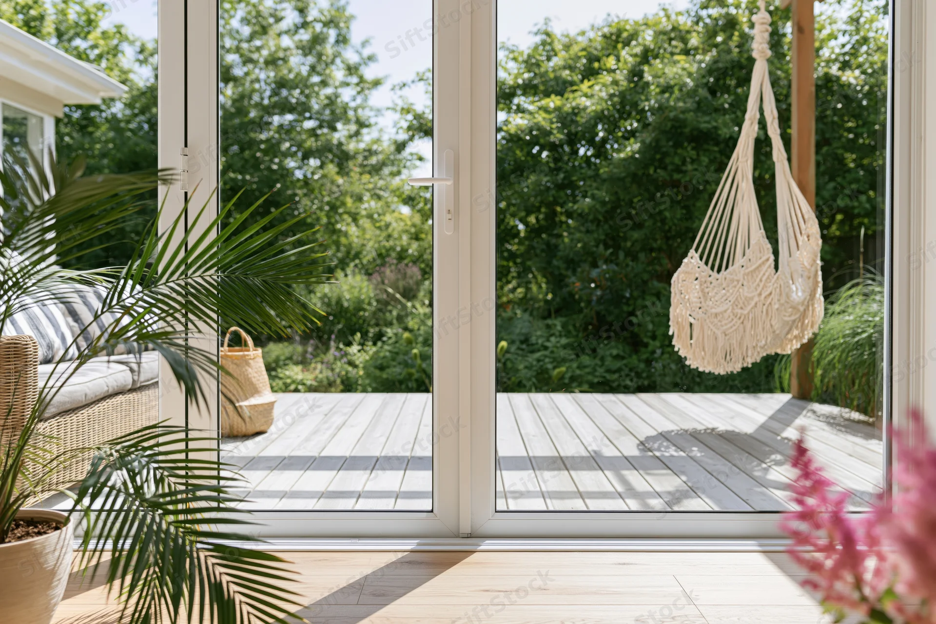 View through white-framed glass doors onto a wooden deck with hanging macrame chair and green garden beyond