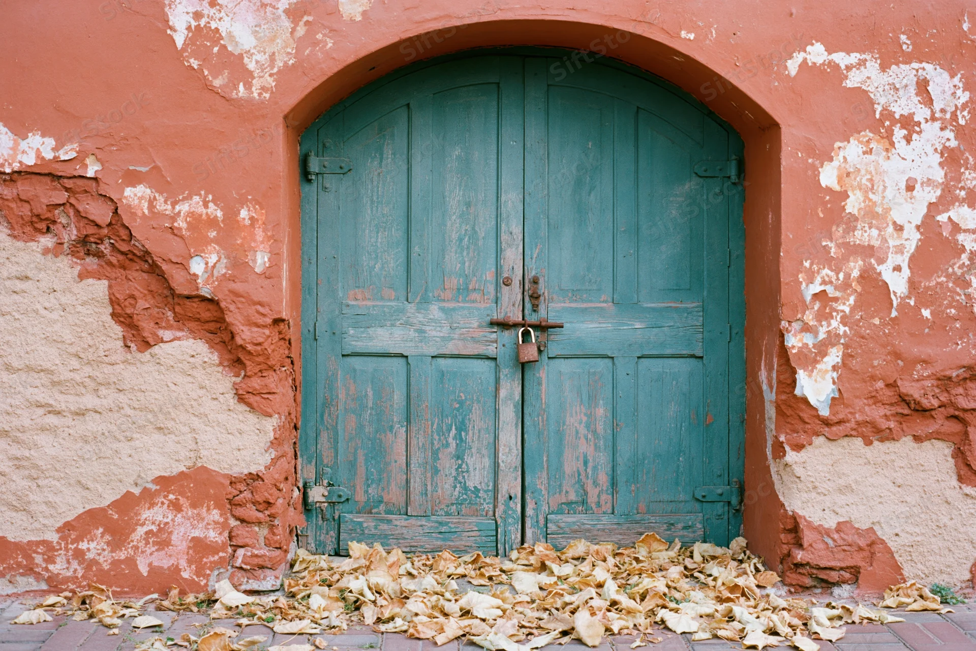 Weathered teal wooden double door in arched alcove with peeling orange stucco wall and fallen leaves on pavement