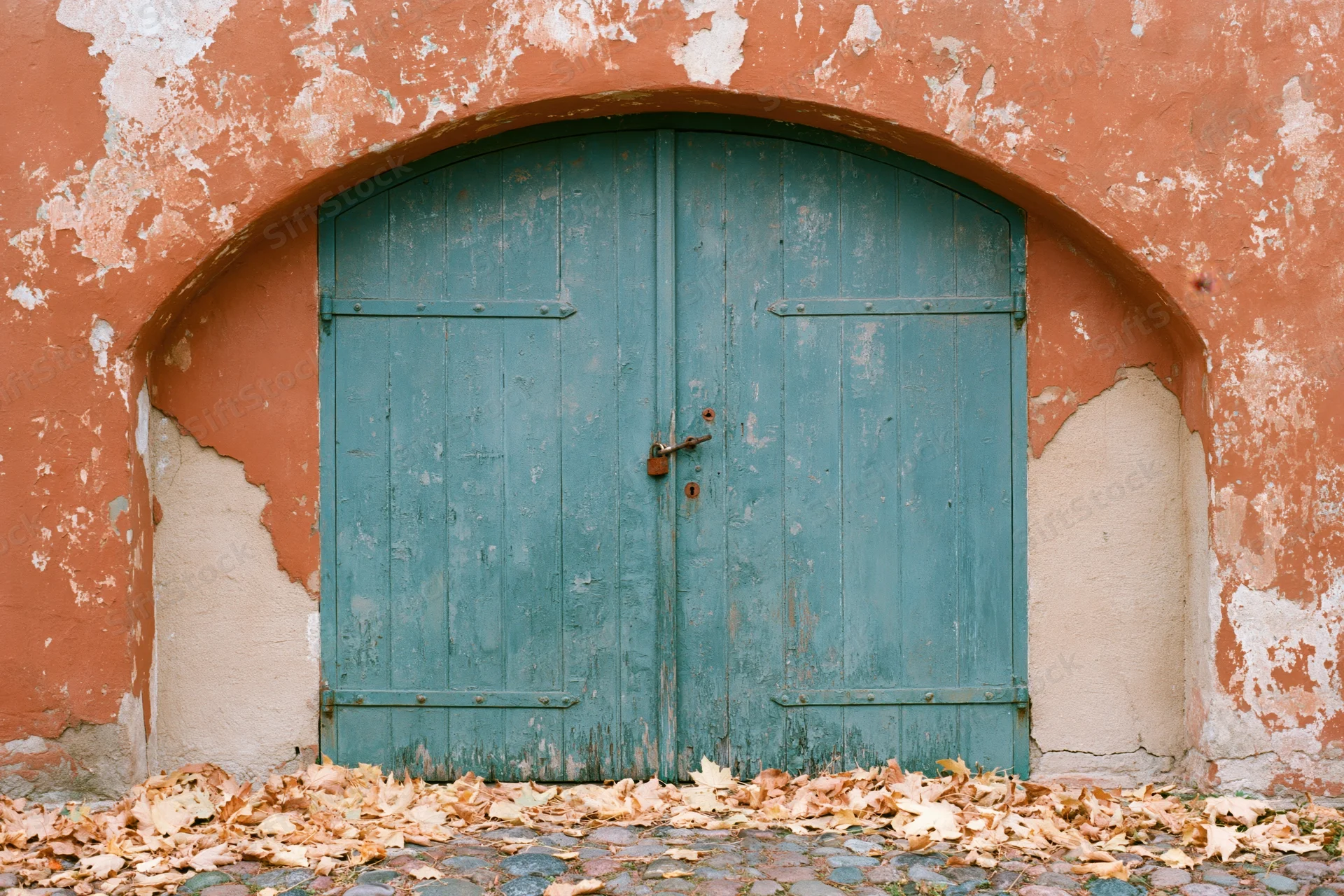 Weathered teal wooden double door in arched alcove with peeling orange stucco and fallen leaves on cobblestone ground