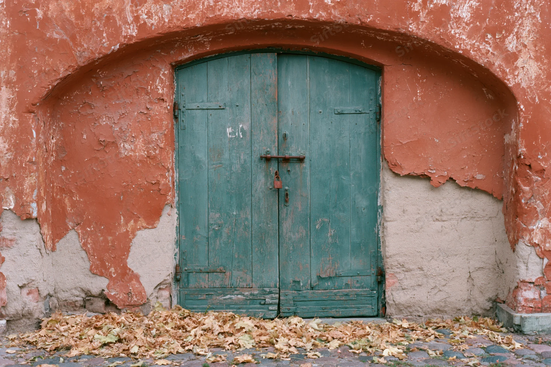 Weathered teal wooden double door set in arched alcove with peeling red plaster and fallen leaves on cobblestone ground
