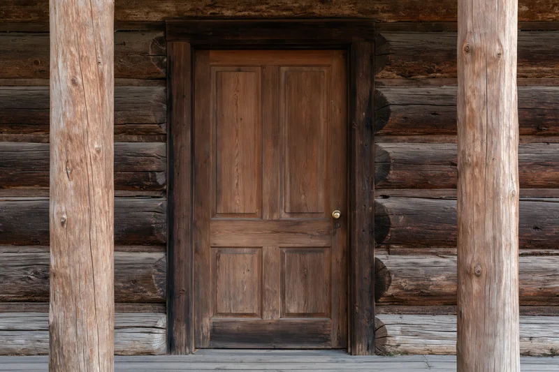 Weathered wooden door with brass knob on a log cabin exterior