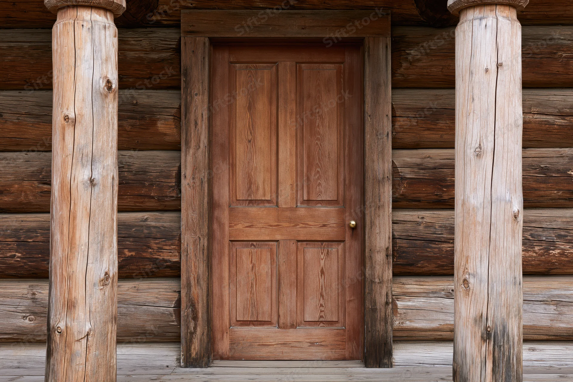 Weathered wooden door with brass knob centered between log columns on a cabin exterior