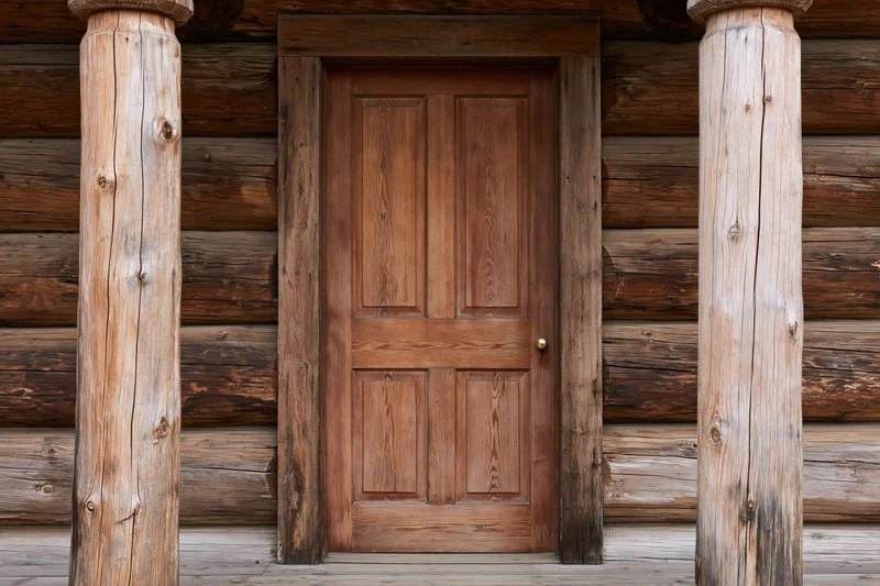 Weathered wooden door with brass knob centered between log columns on a cabin exterior
