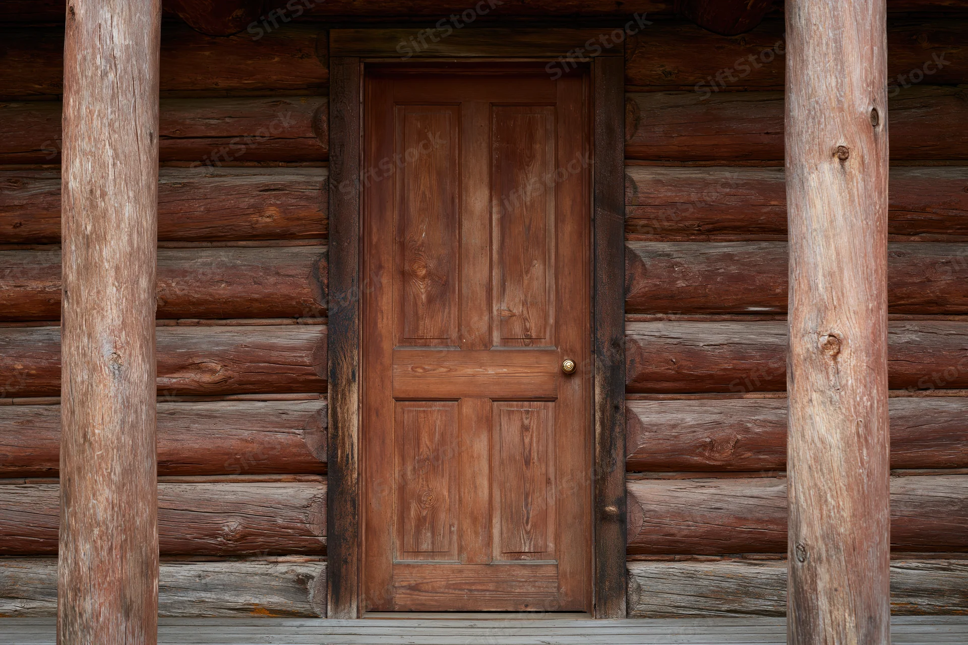 Weathered wooden door with brass knob centered on a log cabin exterior