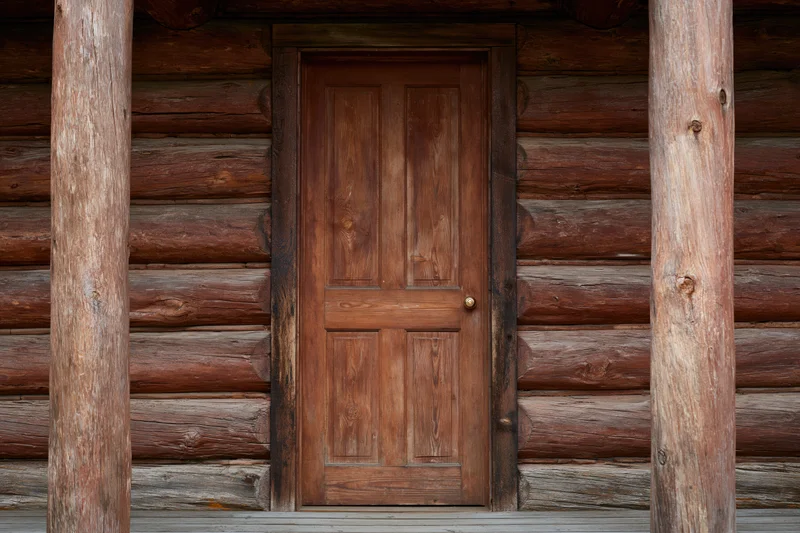 Weathered wooden door with brass knob centered on a log cabin exterior