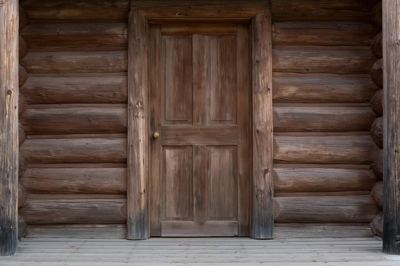 Weathered wooden door with brass knob centered on a log cabin exterior
