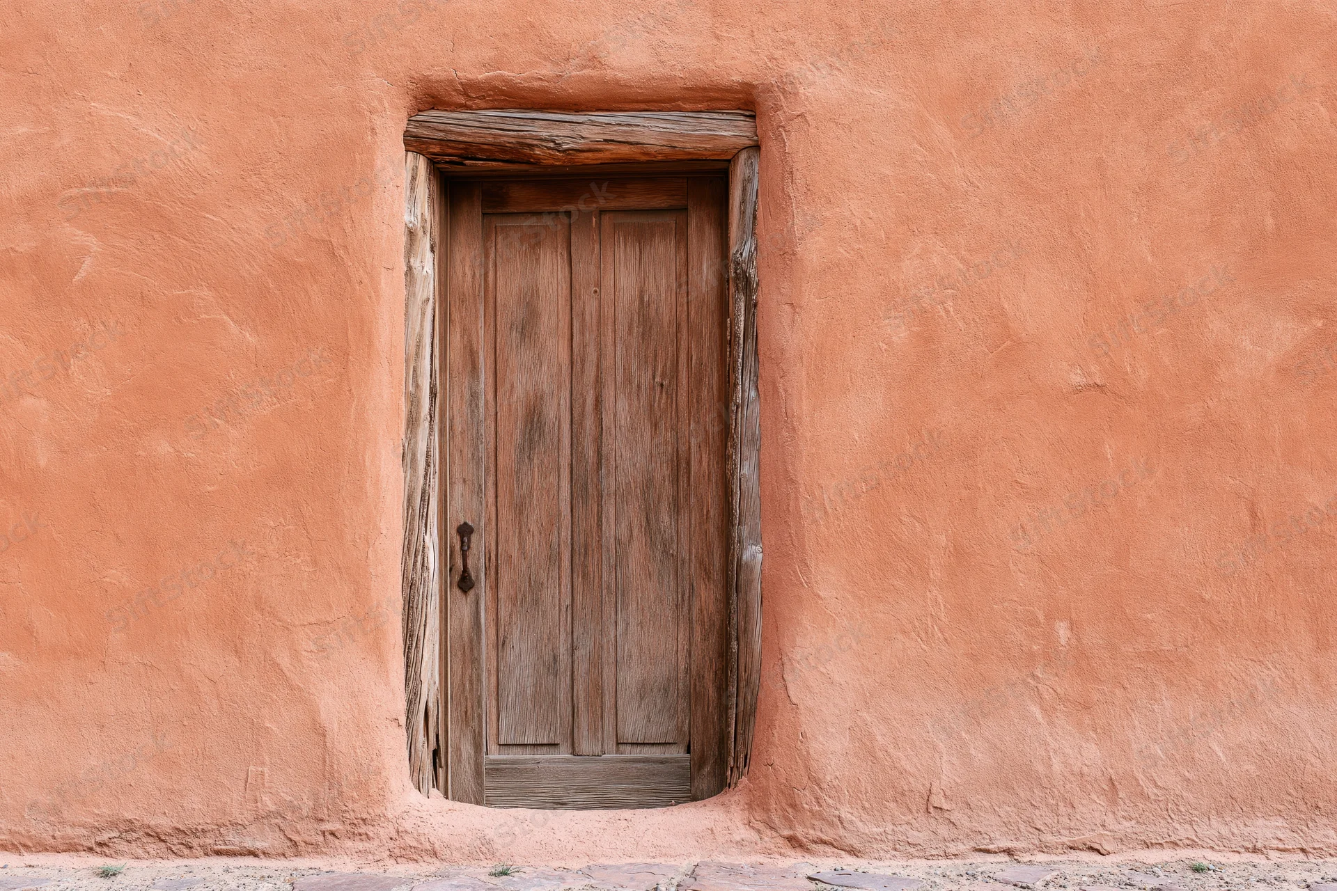 Weathered wooden panel door set into thick adobe wall