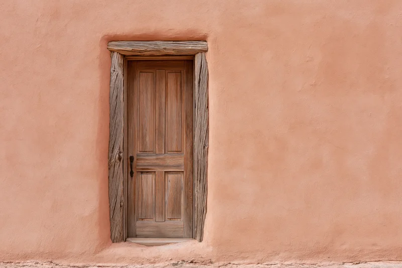 Weathered wooden panel door set into thick adobe wall