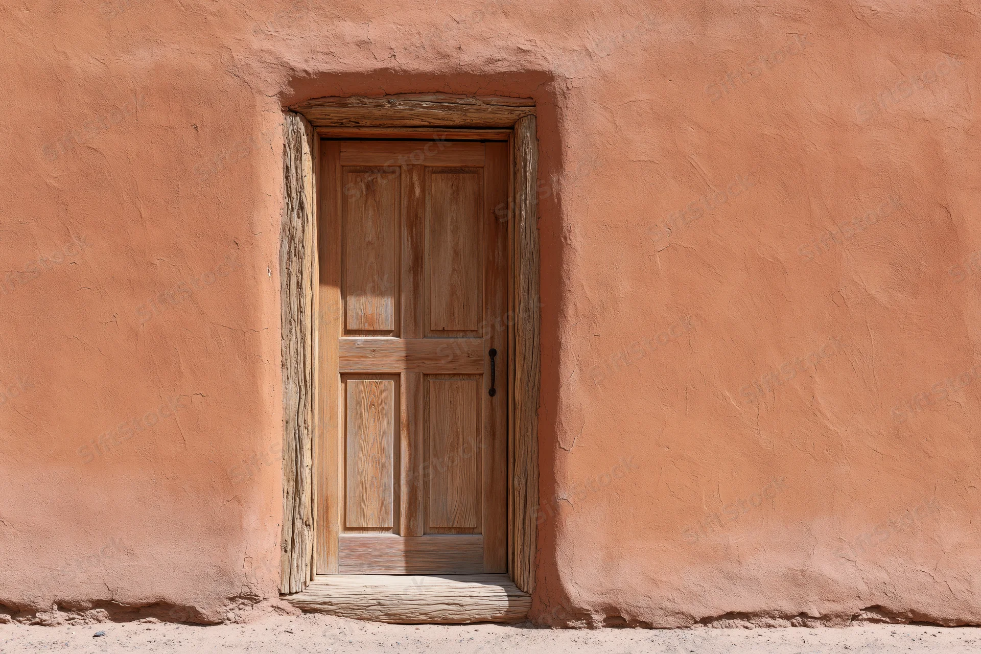 Weathered wooden panel door set into thick adobe wall under sunlight