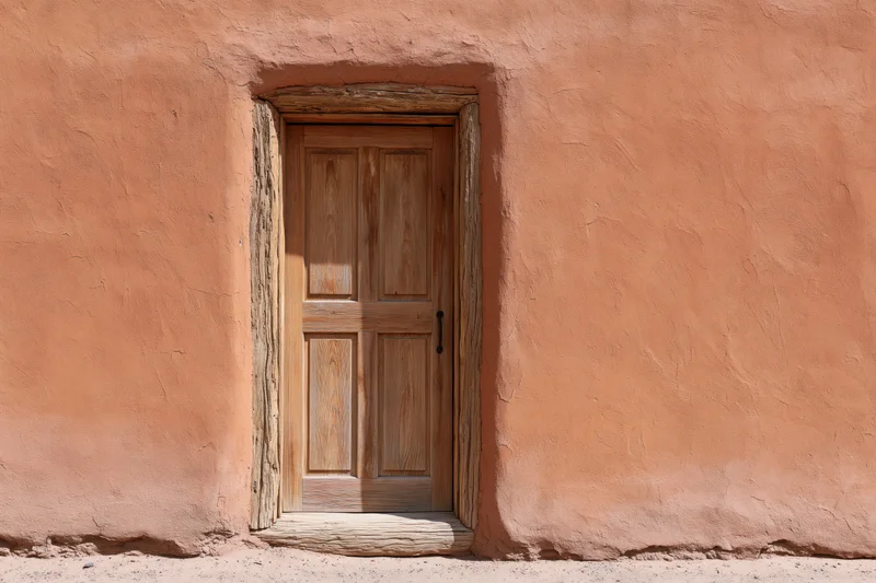 Weathered wooden panel door set into thick adobe wall under sunlight